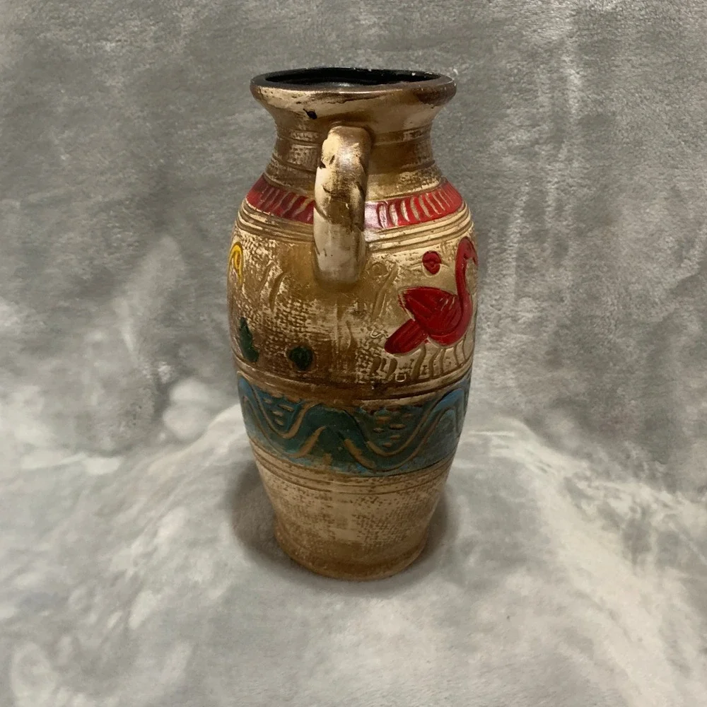 Vintage Style Faux Pottery Plastic Decorative Vase Bird Motif Tan Multi